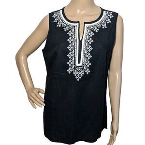 Talbots Women's 6 Linen & Cotton Black Tunic Top Sleeveless Embroidered V Neck